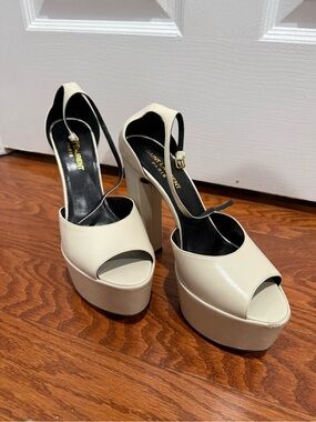 Saint Laurent Cream Leather Platform Peep-Toe Heels